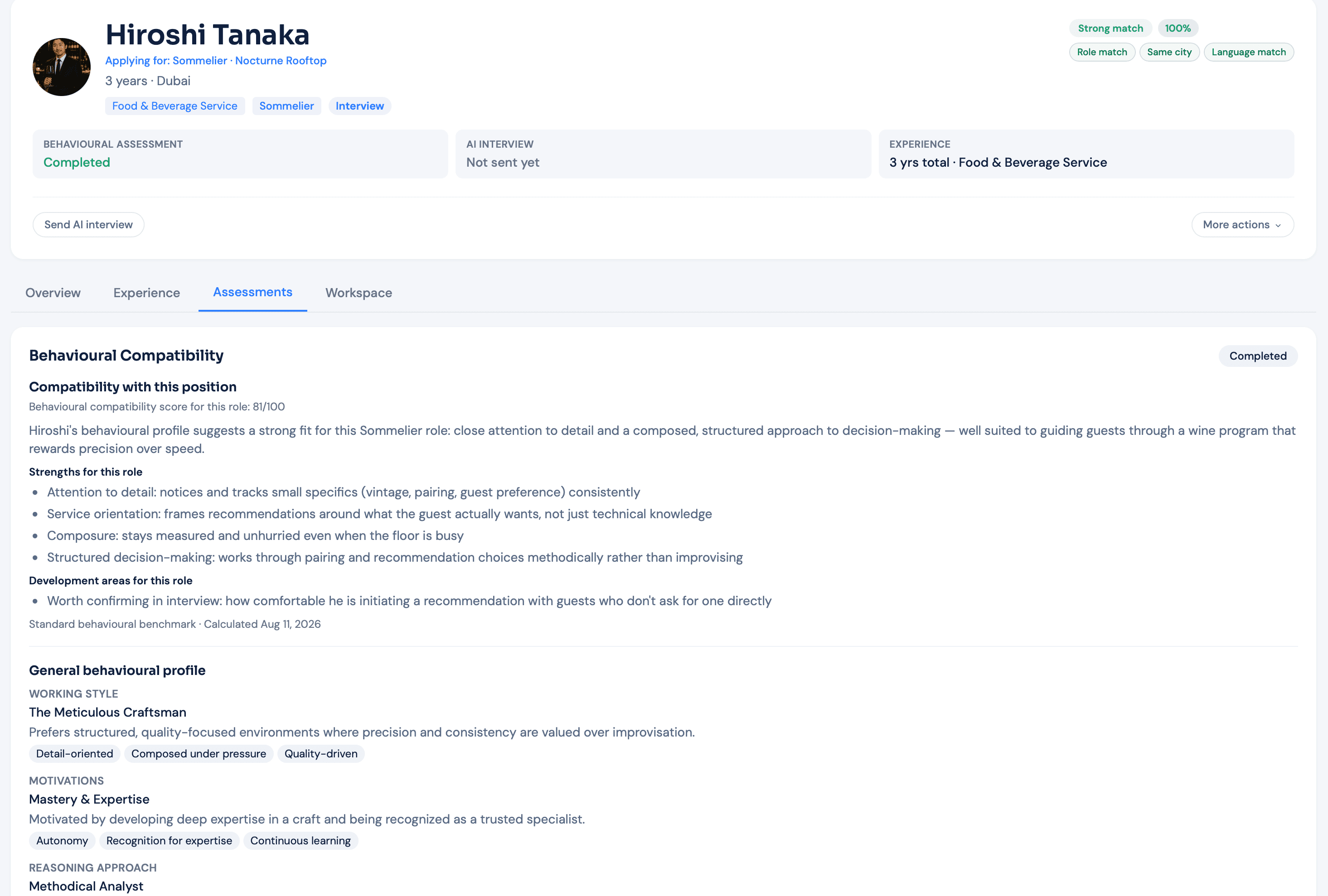Shiftly candidate assessment view showing behavioural compatibility for a specific role