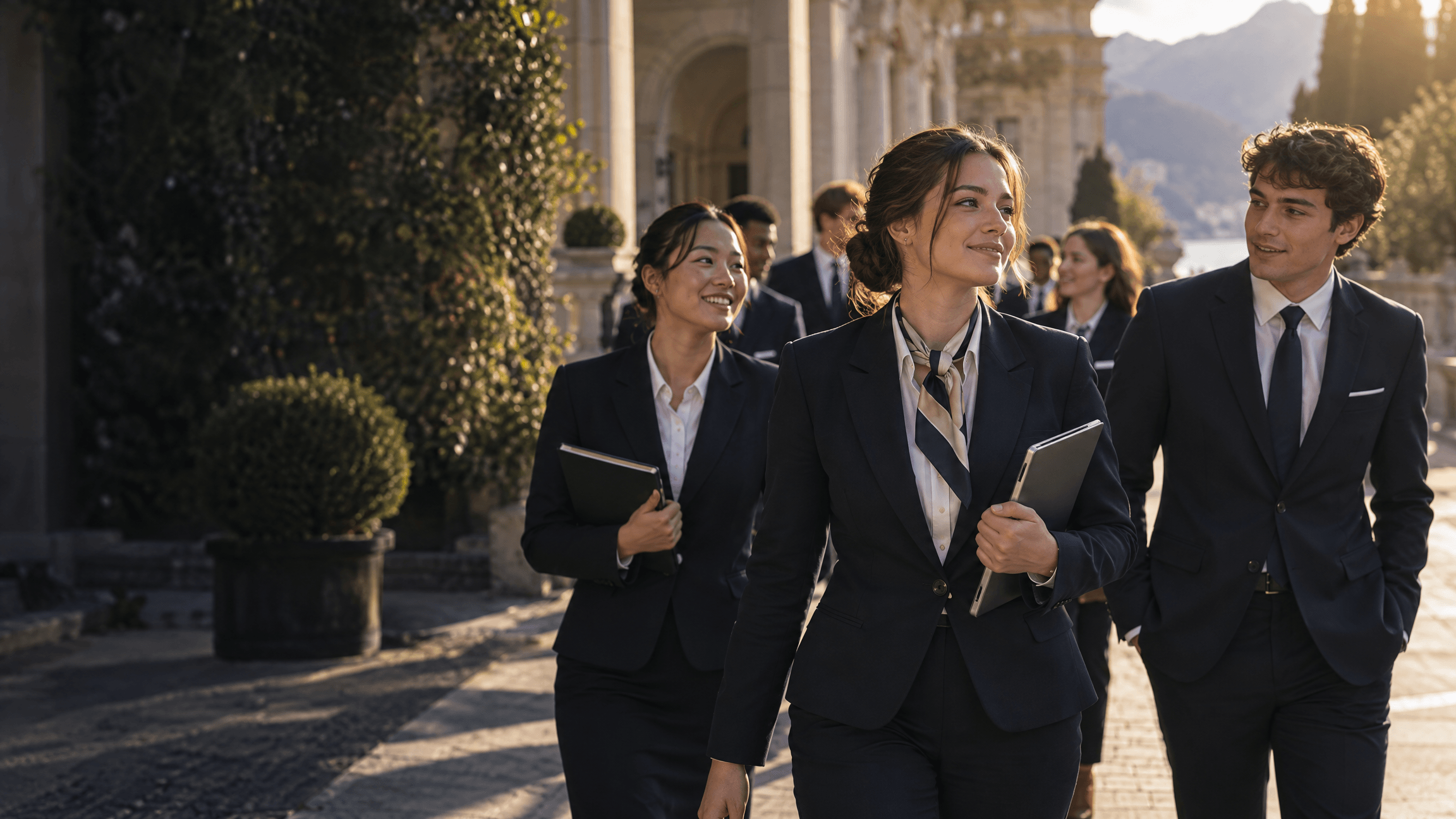 Hospitality students in dark uniforms walking together outside a historic hotel