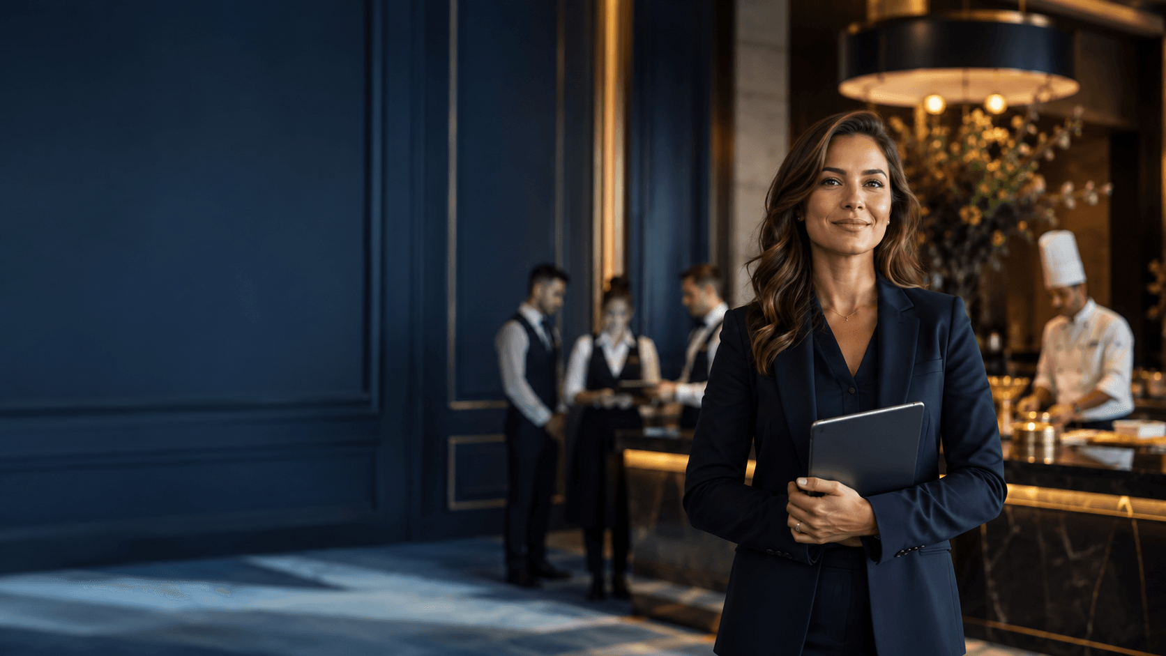 Hospitality employer and team member reviewing hiring plans together in a premium venue