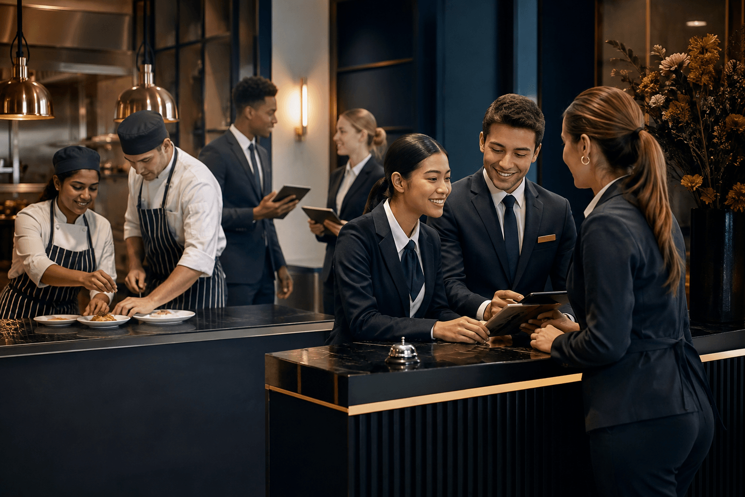 Hospitality school students collaborating during a practical training session