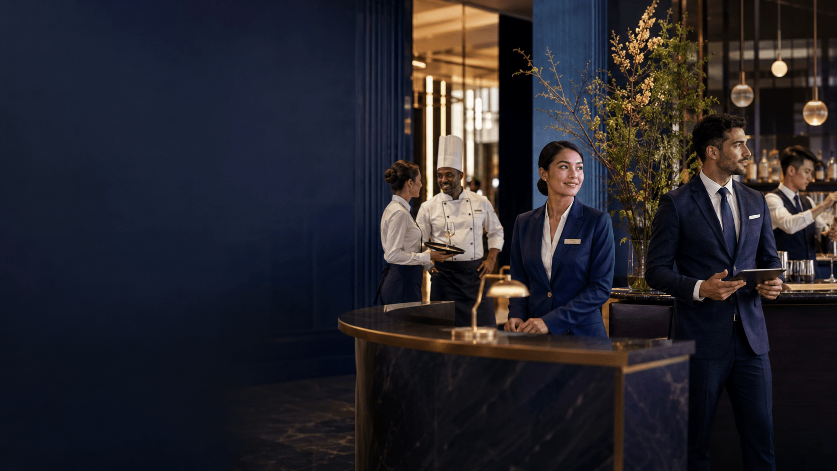 Hospitality professionals collaborating in a premium venue setting