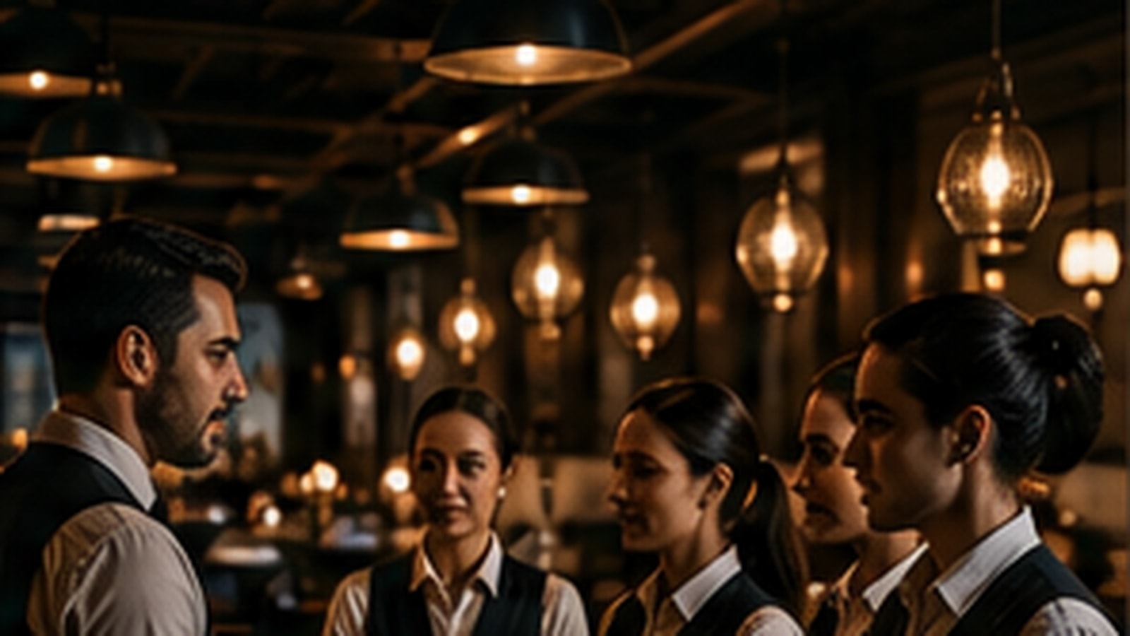 Hospitality team briefing before a busy service
