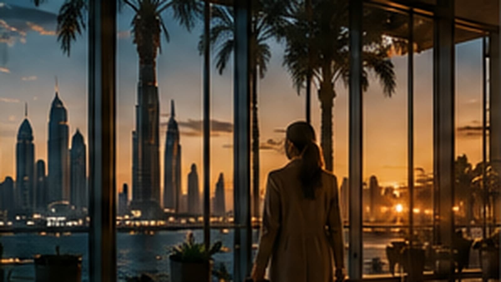 Hospitality professional looking out at an international city skyline