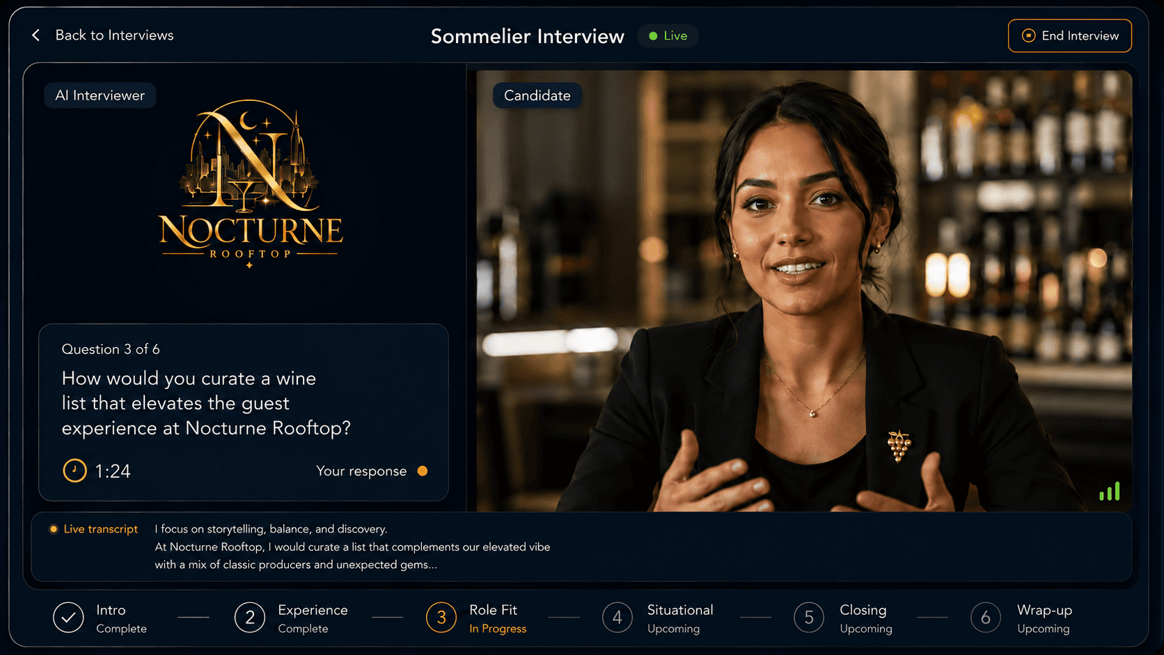 Shiftly AI Interview in progress for a Sommelier role at Nocturne Rooftop, showing a live transcript and interview stages
