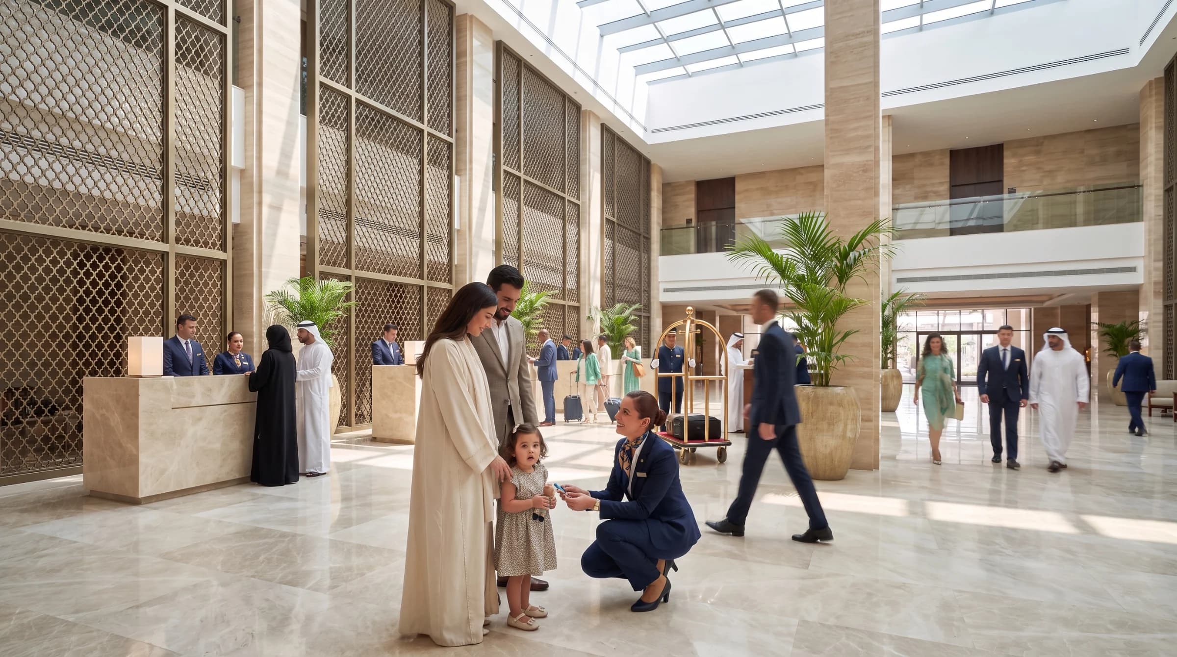 Family greeted in hotel lobby