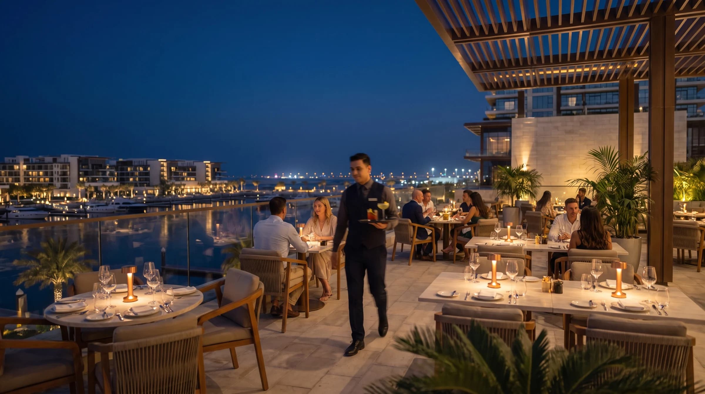 Guest dining on a rooftop terrace at dusk