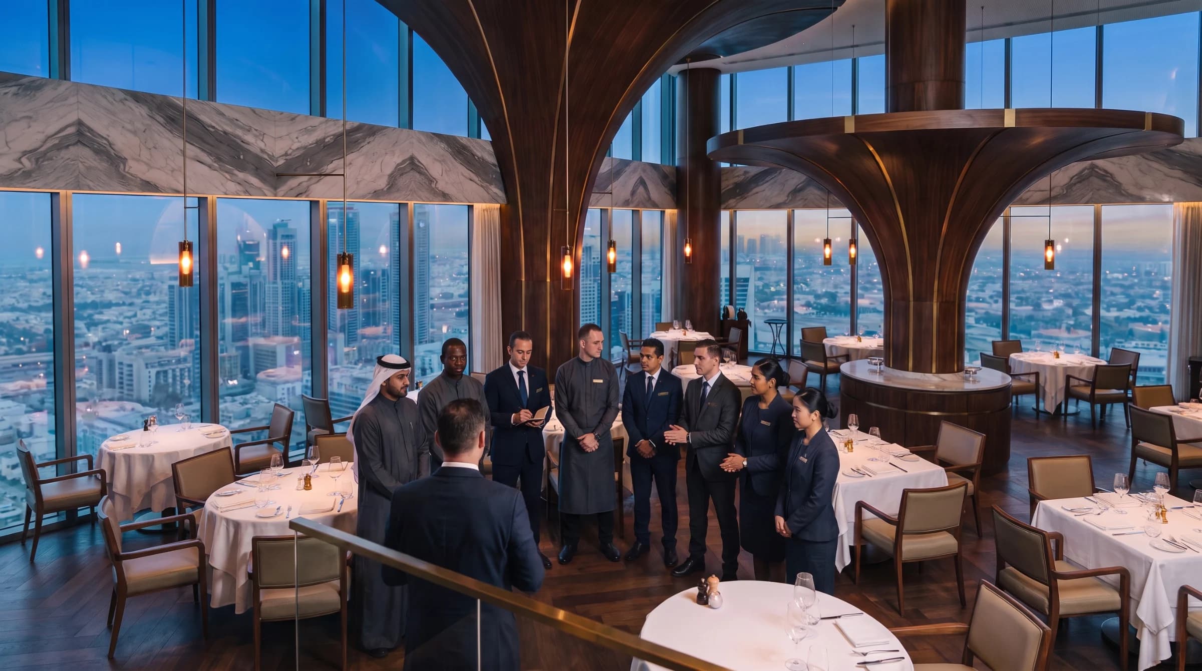 Hospitality team briefing before service