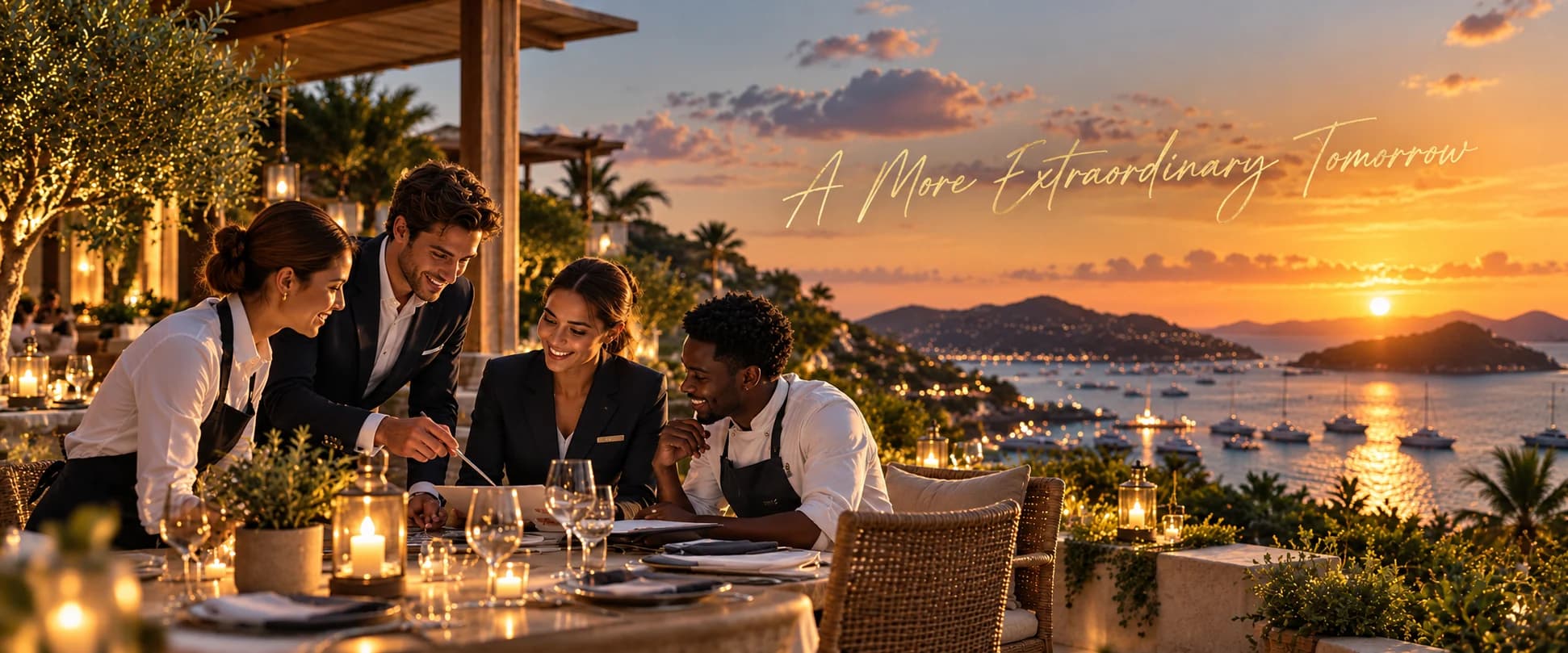 Four young hospitality professionals collaborating before service at a coastal restaurant at sunset, with the handwritten message “A More Extraordinary Tomorrow” above them.
