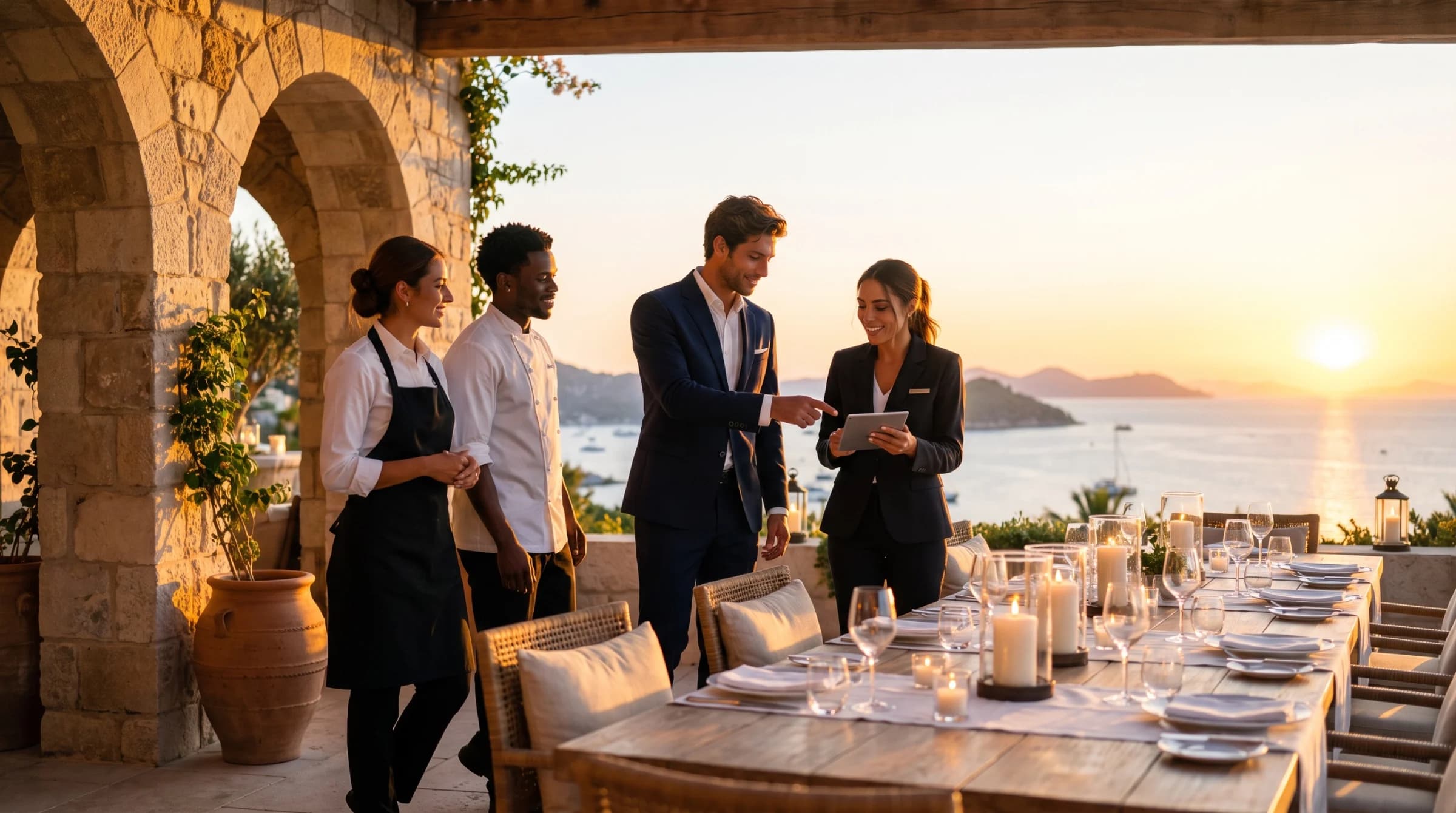 Luxury hospitality team coordinating service on a seaside restaurant terrace at sunset.