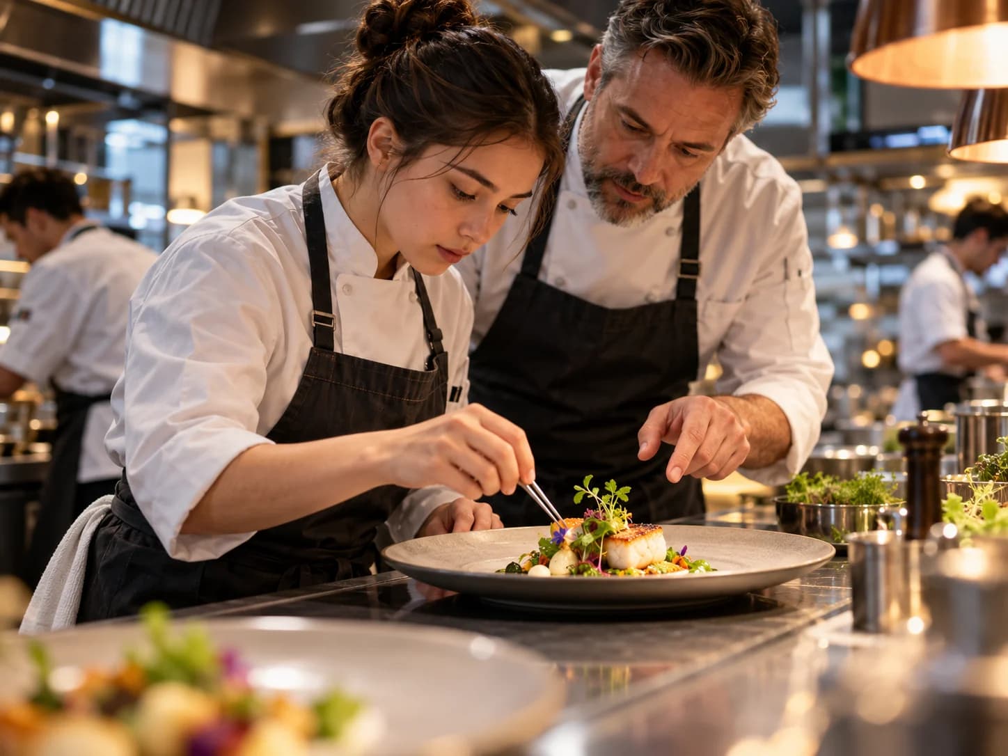 A young culinary professional learning precise plating techniques under the guidance of an experienced chef.