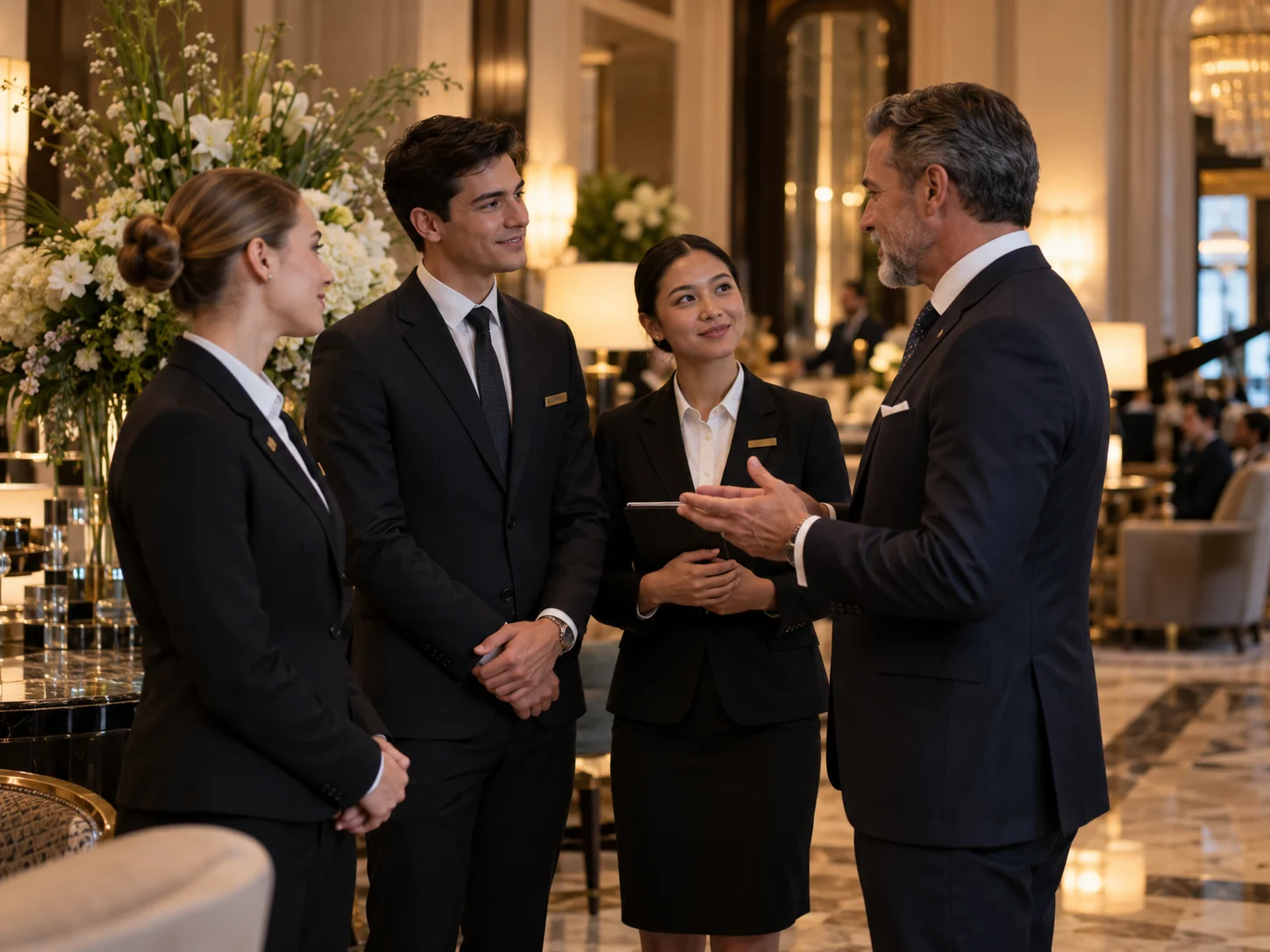 An experienced hotel manager speaking with a group of young hospitality professionals during a team briefing.