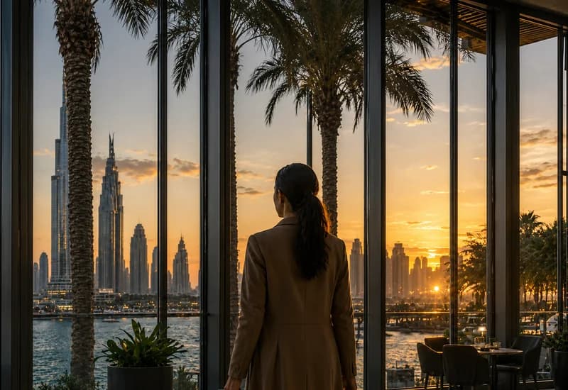 Hospitality professional looking out at an international city skyline