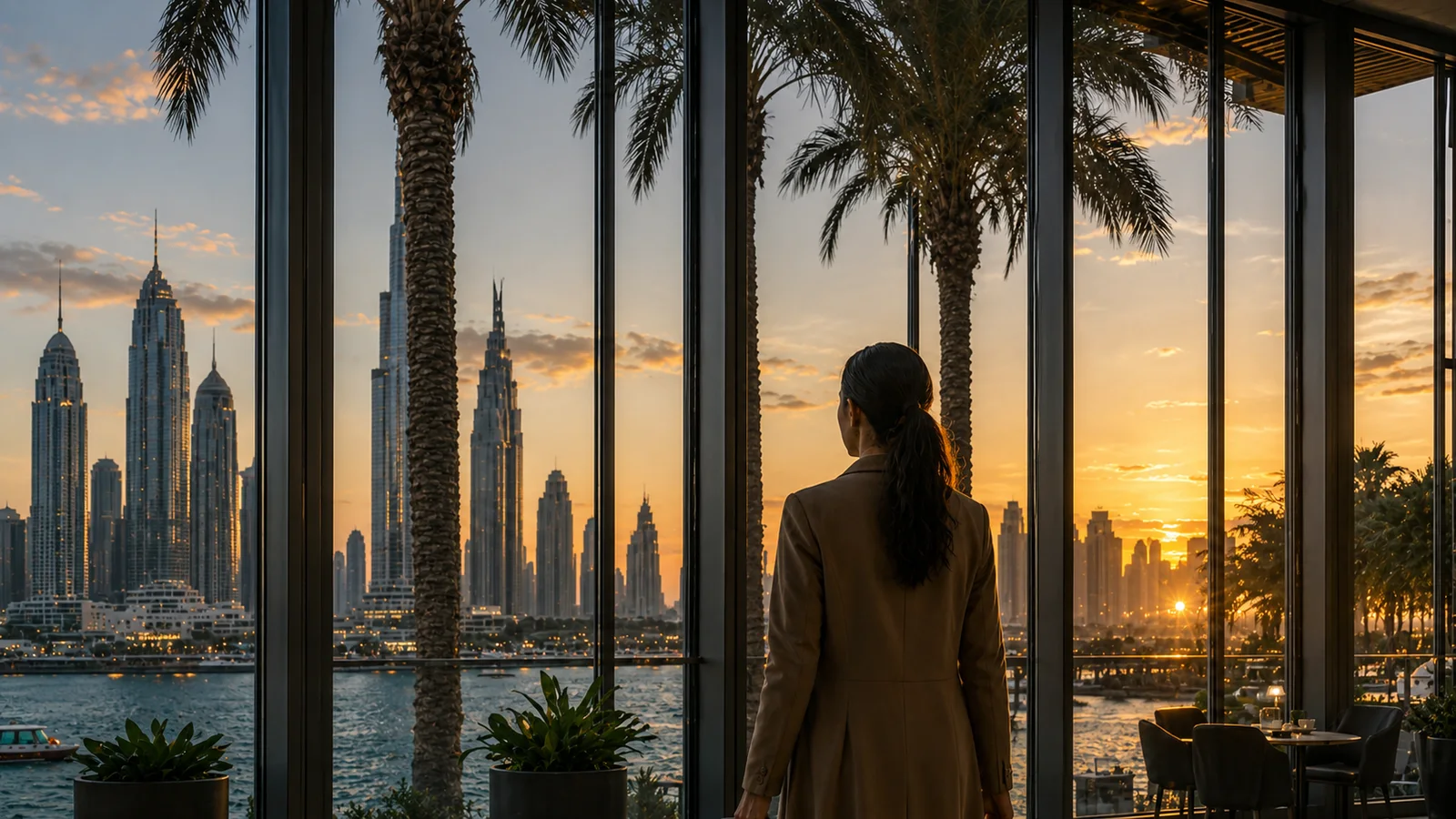 Hospitality professional looking out at an international city skyline