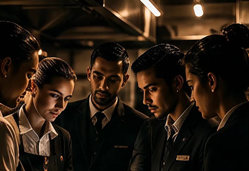 Hospitality team gathered together, representing positive workplace culture