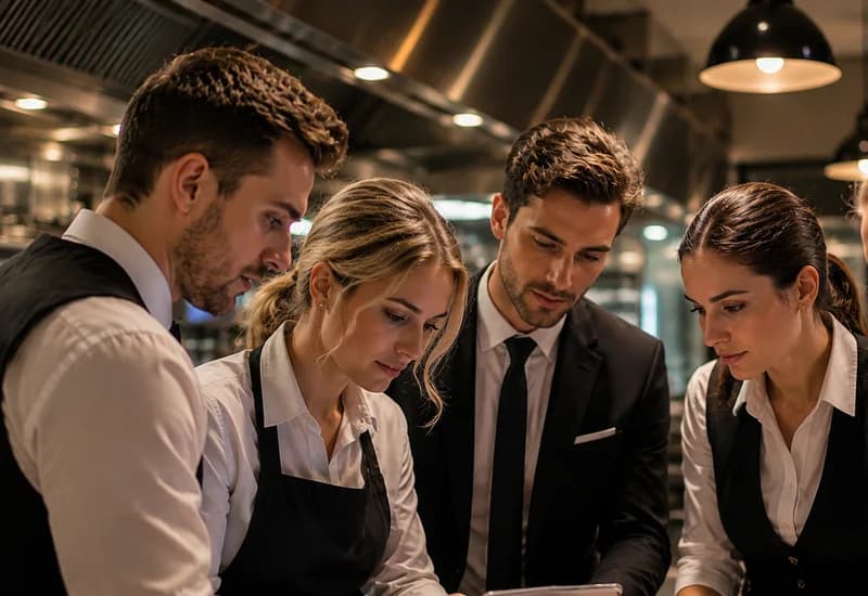 Hospitality team gathered together, representing positive workplace culture