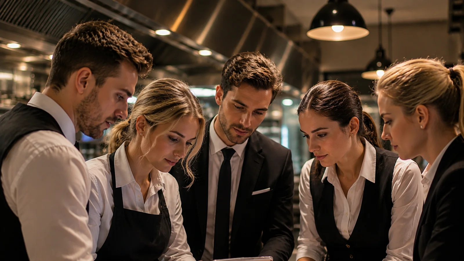 Hospitality team gathered together, representing positive workplace culture