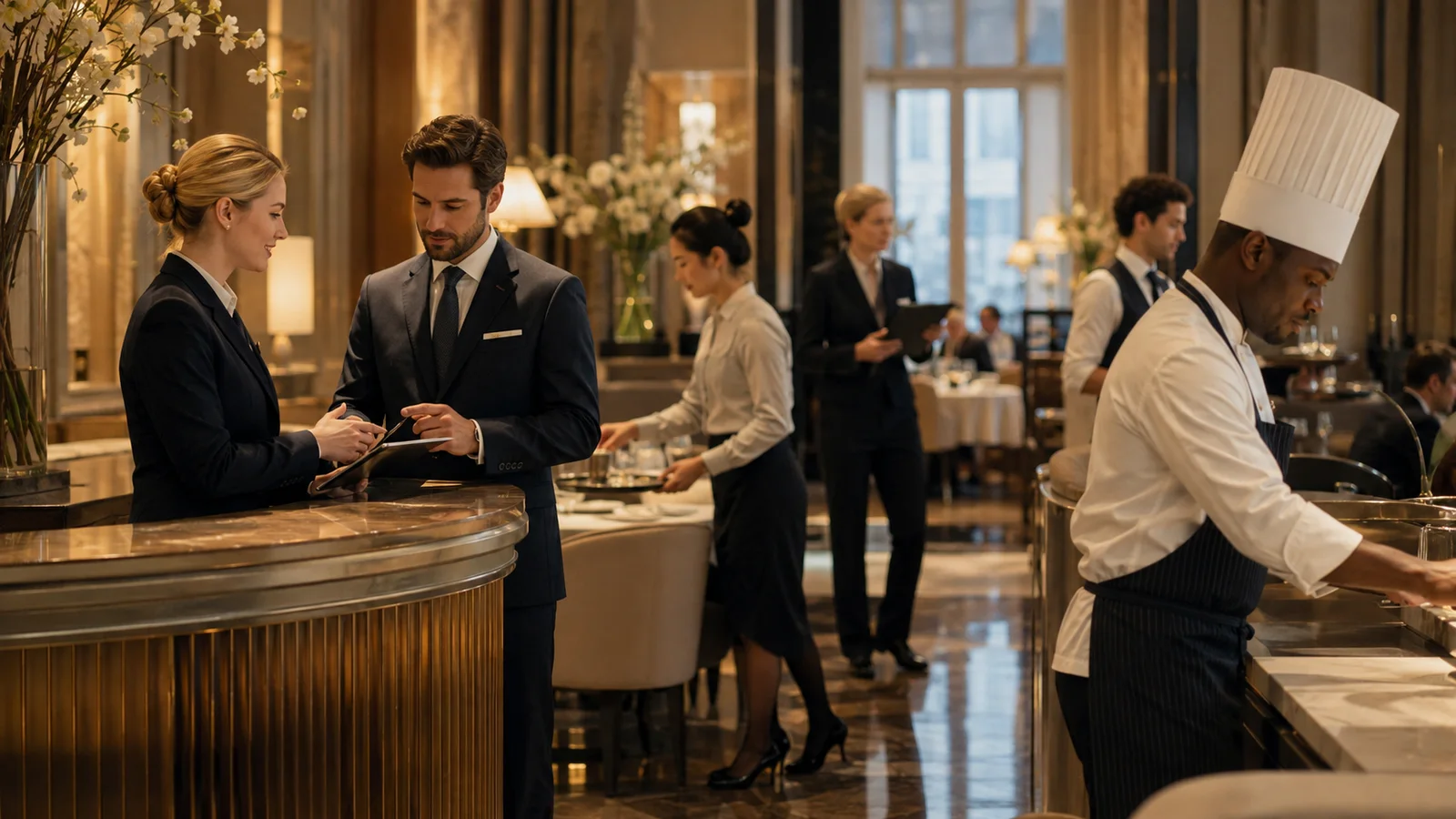 Hospitality team briefing before a busy service